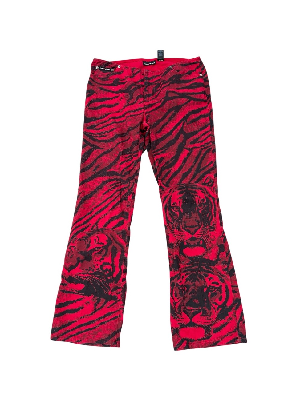 DKNY Y2K Low Rise Flare Jeans Animal Print Red Black